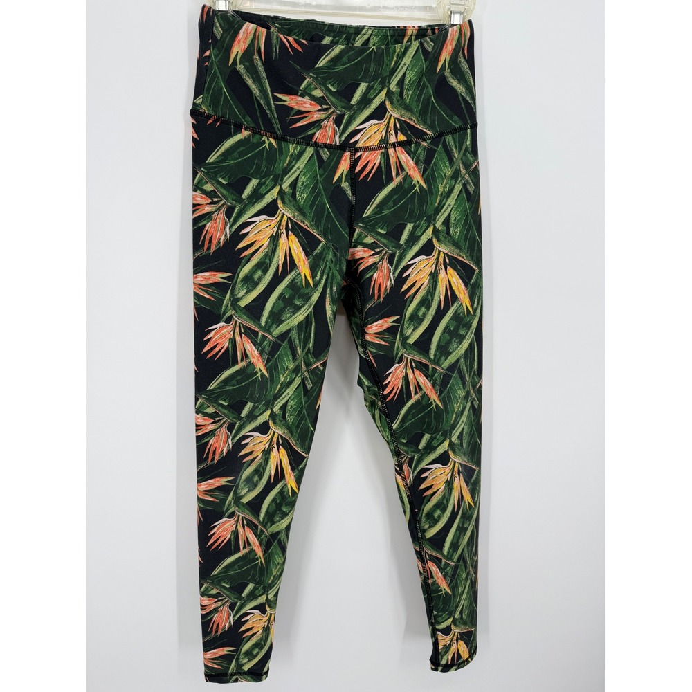 BCBGMAXAZRIA Legging Women Small Black Green Tropical Bird of Paradise High Rise